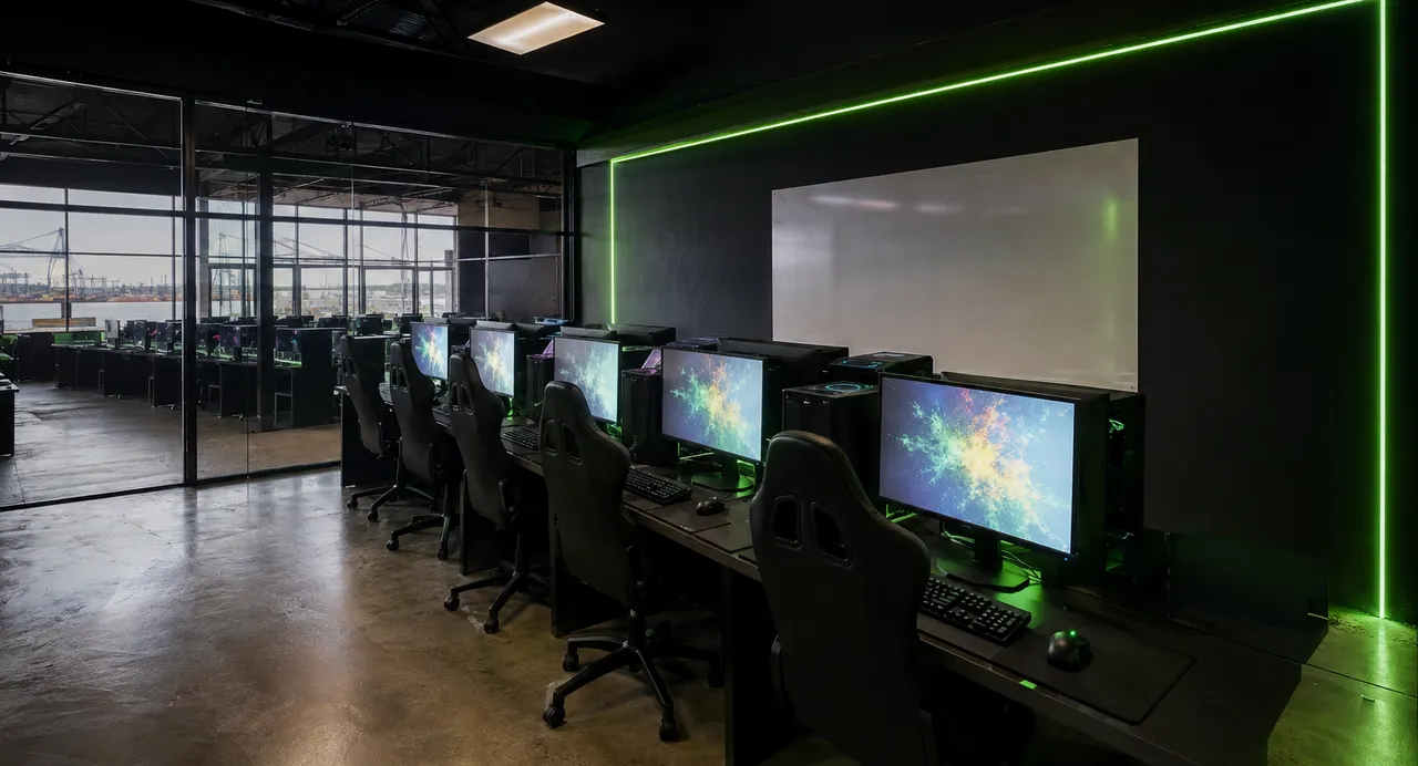 Sala de bootcamp com cinco postos e um quadro branco na parede